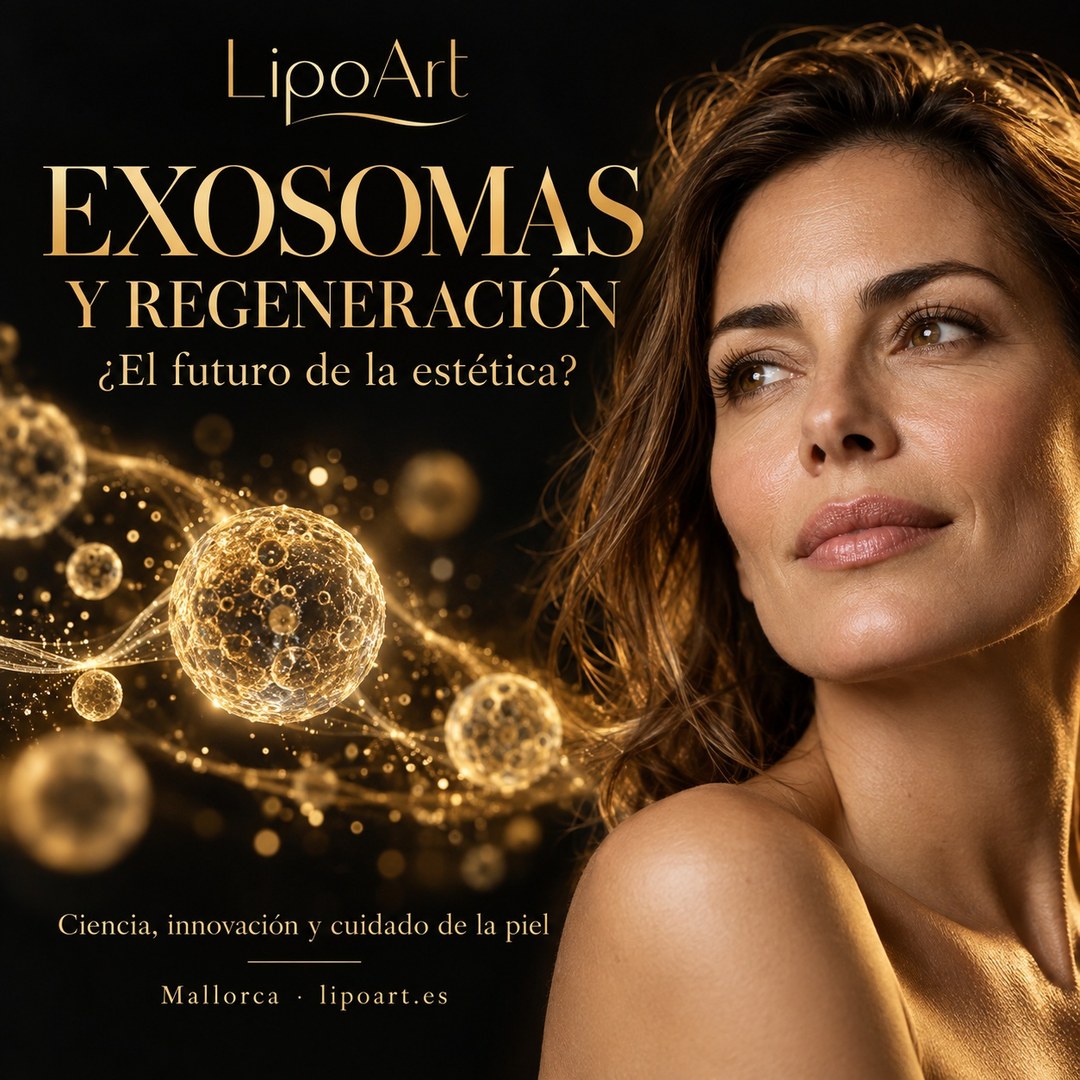 Imagen de LipoArt sobre exosomas y regeneración, con un rostro femenino y una representación conceptual de vesículas doradas sobre fondo oscuro. Texto: «Exosomas y regeneración: ¿el futuro de la estética?».